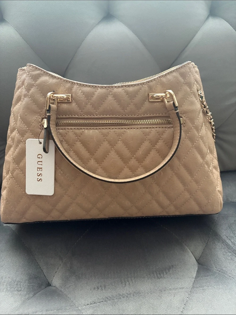 GUESS Quilted Satchel in Taupe with Gold Hardware